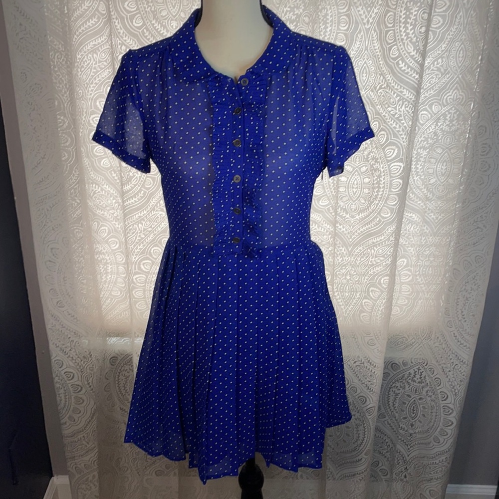 Royal blue and white polkadot dress with ruffle